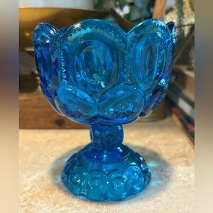 LE Smith Medium Blue Glass Pedestal Compote Moon & Stars Scalloped Edge